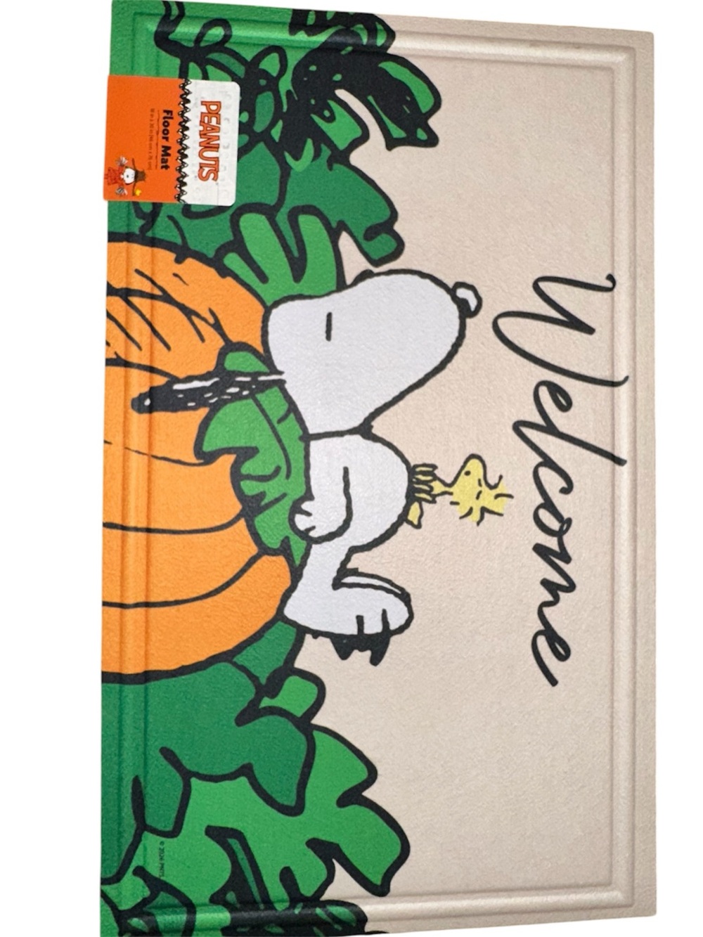 Peanuts Snoopy & Woodstock Pumpkin Welcome Mat in Orange, Green, White